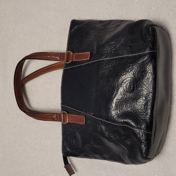 Fossil leather top handle tote bag. Black leather embossed / tooled with flowers - Picture 4 of 11